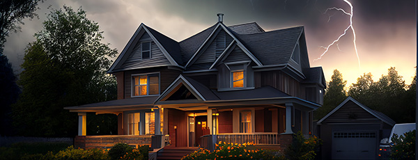 A picture from outside of a home during a storm with a streak of lightning in the sky